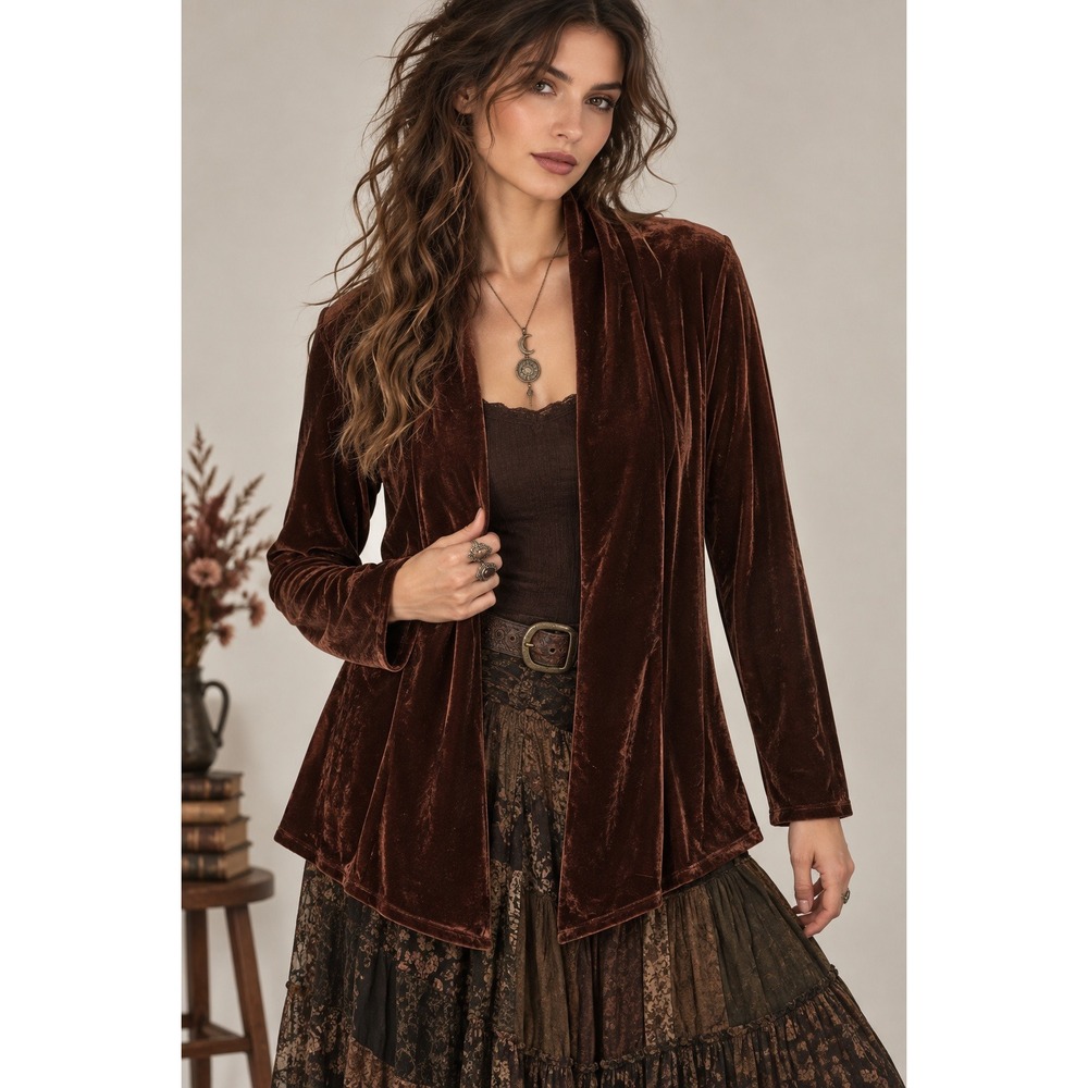 One World Brown Velour Cardigan M 90s Whimsigoth Fairy Grunge Boho